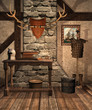 Średniowieczna izba ze stojakiem na zbroję