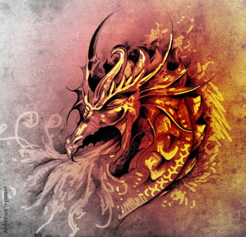 Naklejka dekoracyjna Sketch of tattoo art, anger dragon with white fire