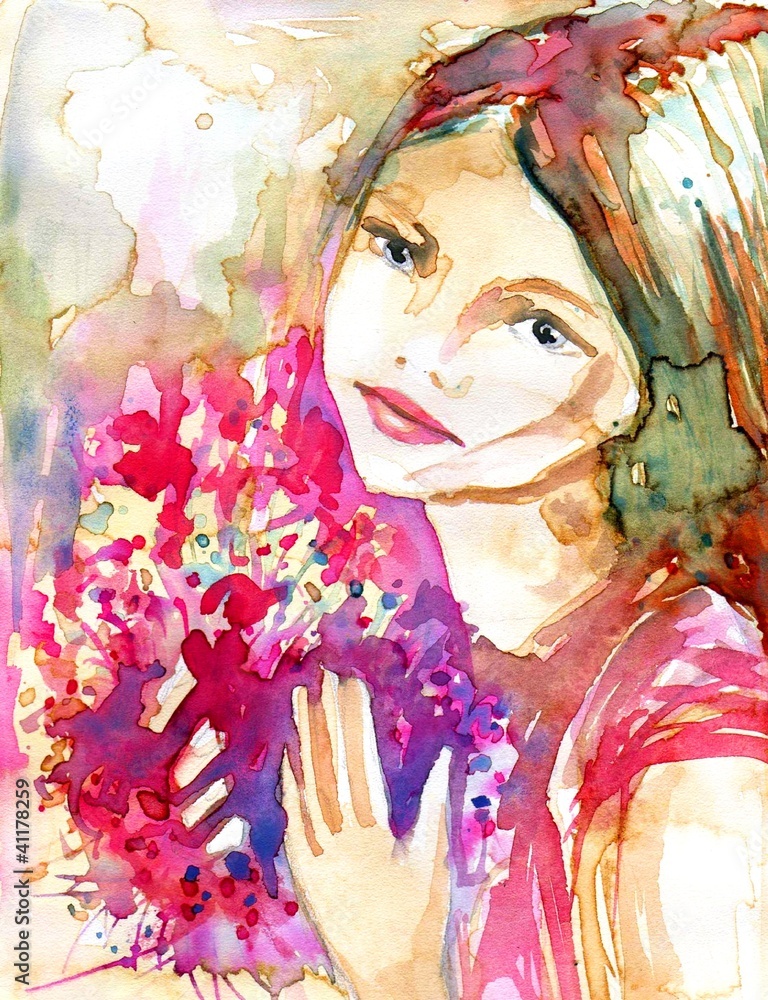 piekna młoda dziewczyna zbukietem różowych kwiatów - obrazy, fototapety, plakaty 