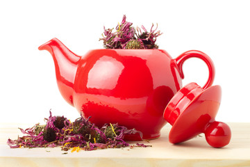 Wall Mural - red teapot with healing herbs