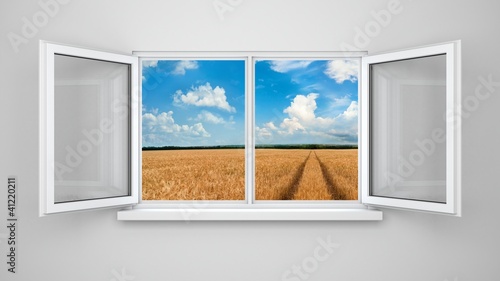 Plakat na papierze fotorealistycznym Otworzył okna z krajobrazem