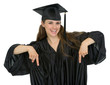 © Alliance - Happy graduation student woman pointing down