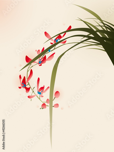 Board z aluminiowym obramowaniem Malarstwo w stylu orientalnym, czerwone kwiaty orchidei