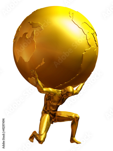 Fotografía Atlas in pure gold, a man carries the world on shoulders