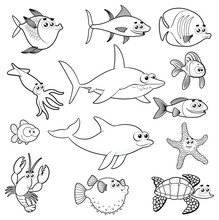 Family Of Funny Fish. Vector Black White Characters.