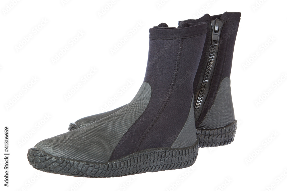 Boots, equipment for scuba diving. On a white background.