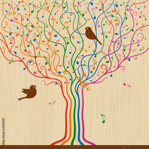 Fototapeta na wymiar Muzyczne kolorowe drzewo z ptakami 