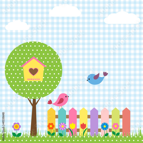 Tapeta ścienna Ptaki i birdhouse na drzewie