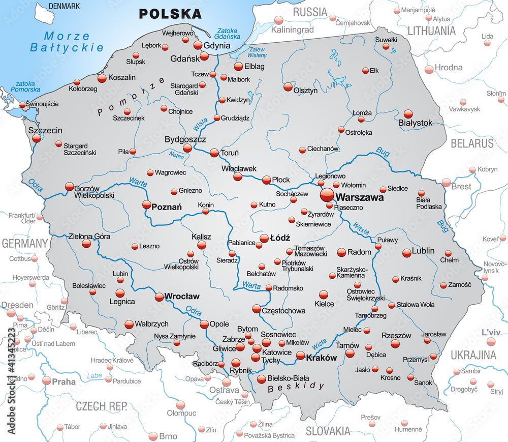 Umgebungskarte von Polen in grau - obrazy, fototapety, plakaty 