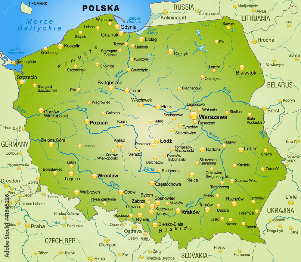 Umgebungskarte von Polen mit Hauptstädten - obrazy, fototapety, plakaty 