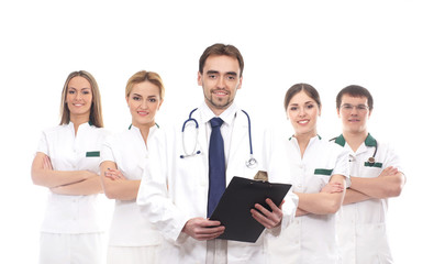 A team of young Caucasian doctors in white clothes