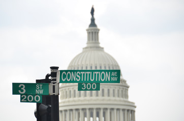 Poster - Constitution Avenue street sign and US Capitol Building dome - Washington DC United States of America