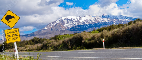 Board z aluminiowym obramowaniem Kiwi skrzyżowanie znak drogowy i wulkan ruapehu, nz