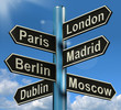 London Paris Madrid Berlin Signpost Showing Europe Travel Touris 