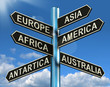 Europe Asia America Africa Antartica Australia Signpost Showing