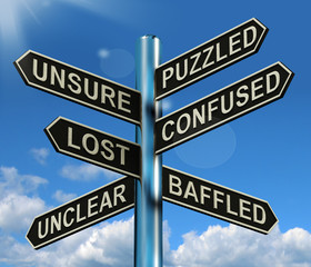 puzzled confused lost signpost showing puzzling problem