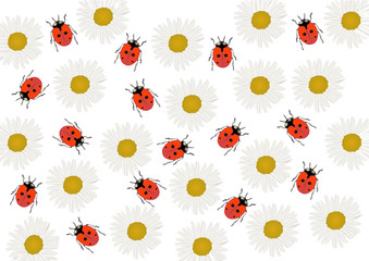 Sticker - chamomiles and red bugs background