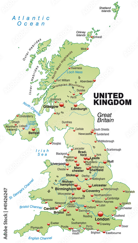 Obraz premium Mapa wysp Wielkiej Brytanii i Irlandii Północnej w kolorze  zielonym #41426247 - Mapy świata - Obraz premium