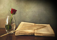 Open Old Book, A Rose In A Vase And A Feather