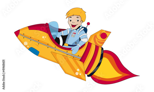 Plakat na zamówienie Cartoon Boy Flying Rocket, outer space set (illustration)