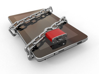 Poster - Tablet pc security. Chain with lock on computer.