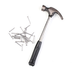 Wall Mural - Hammer and metal nails isolated on white