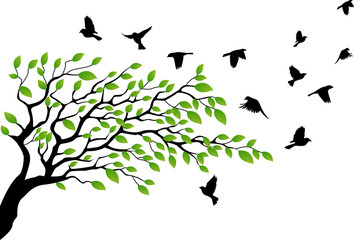 tree with bird flying