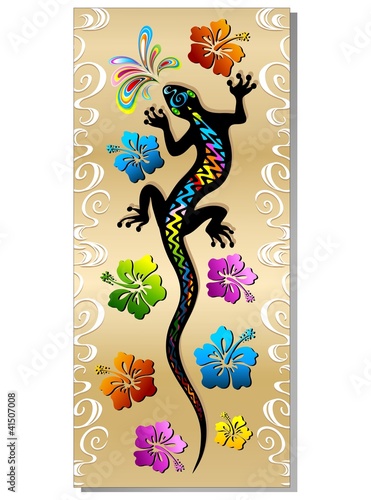 Plakat na zamówienie Geco Rettile Tatuaggio e Hibiscus Design Gecko Tattoo-Banner