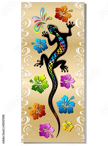 Naklejka - mata magnetyczna na lodówkę Geco Rettile Tatuaggio e Hibiscus Design Gecko Tattoo-Banner