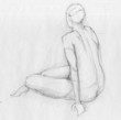 Sitting figure of a naked woman from back view, crayon sketch
