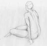 Fototapeta  - Sitting figure of a naked woman from back view, crayon sketch