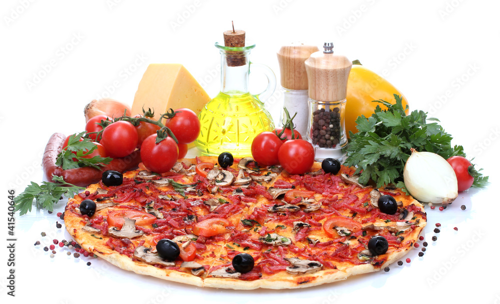 delicious pizza, vegetables and salami isolated on white.