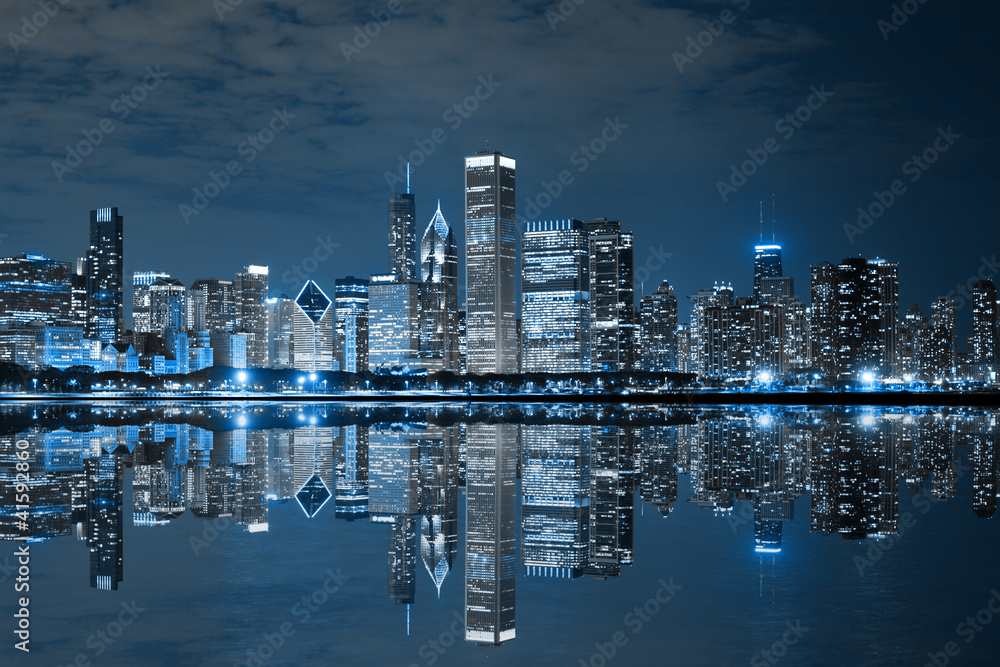 Chicago Downtown at Night - obrazy, fototapety, plakaty 