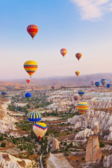 Hot air balloon flying over Cappadocia Turkey