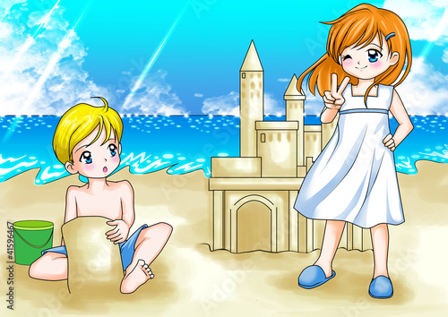 Board z aluminiowym obramowaniem Ilustracja kreskówka dwoje dzieci bawiące się na plaży