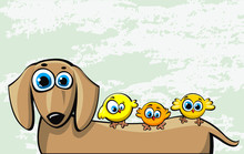 Funny Cartoon Dachshund Dog And Three Birds
