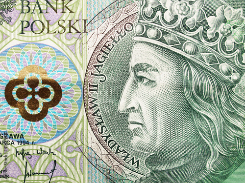 Naklejka na drzwi Extreme closeup of 100 zloty note. Polish currency