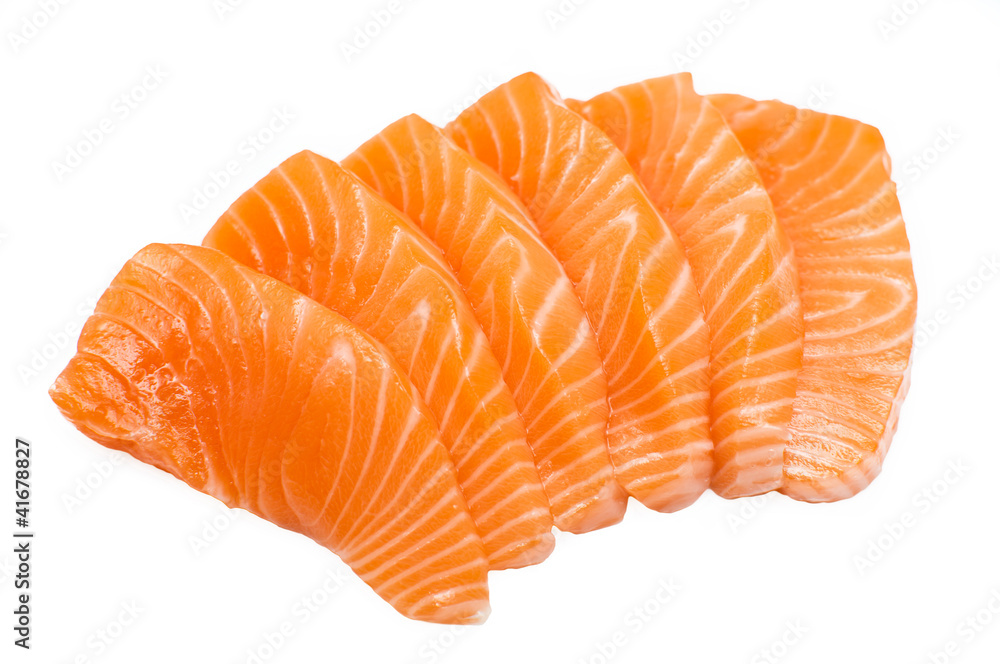 Sliced raw fatty salmon isolated on white - obrazy, fototapety, plakaty 