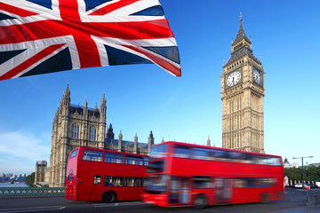 Wall Mural - big ben with city bus and flag of england, london