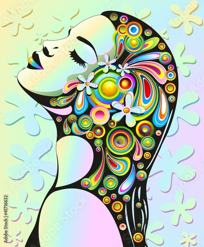 Naklejka - mata magnetyczna na lodówkę Ragazza Sensuale Pop Art-Psychedelic Girl's Floral Portrait