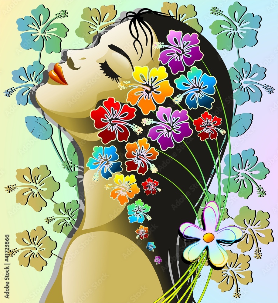 Donna Esotica Sensuale-Sensual Exotic Hibiscus Girl-Vector - obrazy, fototapety, plakaty 