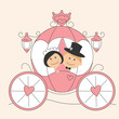 Wedding invitation with funny bride and groom in the carriage
