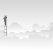Business man climbing high ladder above the clouds