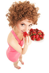 Poster - Fun woman with strawberry on the white background