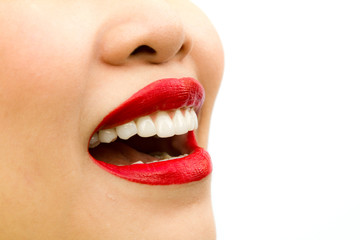 Beautiful young woman teeth. Isolated over white background