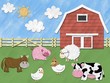 Farm animals stand in front of barnyard on sunny day