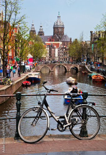 Fotoboard na płycie Amsterdamskie stare miasto kanał, łodzie. 