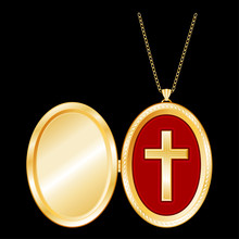 Christian Cross Engraved Gold Locket, Copy Space, Necklace