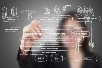 Business lady write web service diagram on the whiteboard.