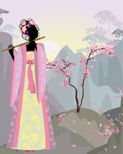 Beautiful Girl Kimono Under The Sakura